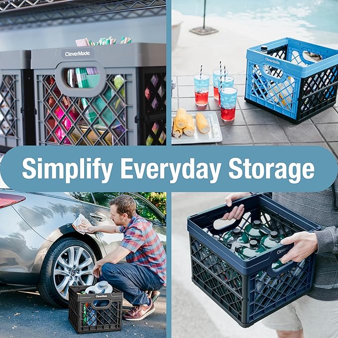 CleverMade Collapsible Milk Crate, 25L, 3 Pack, Obsidian | Built-in rails hold letter-size hanging files. Interlocking crates stack open or folded and carry up to 50 lb each.