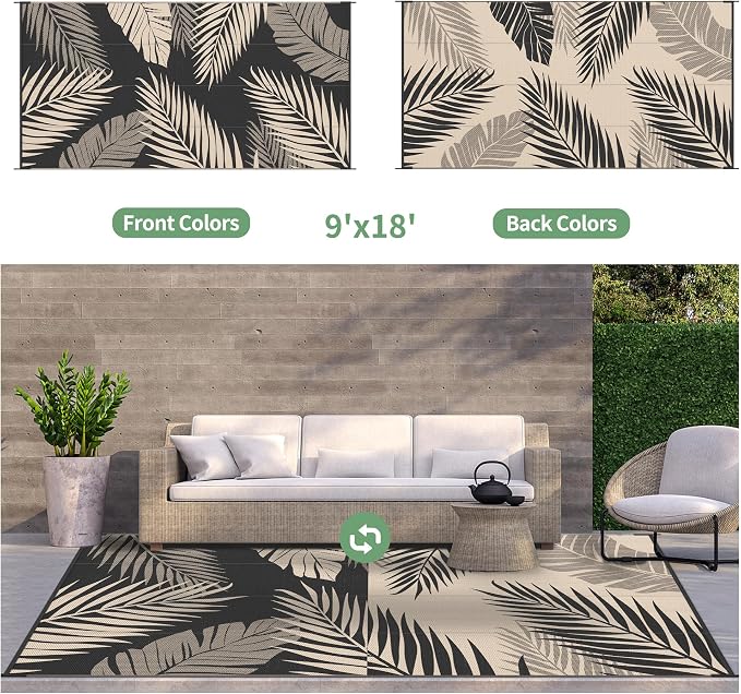 GENIMO Outdoor Rug, Waterproof Plastic Rugs 9'x18' for Camping Black Beige | Outside Larger Leaf Carpet Mat for Patio Decor, RV, Porch, Camper, Deck, Picnic, Beach, Backyard, Reversible, Foldable