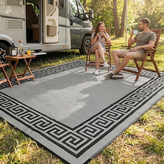 FH Home Outdoor Camping Rug - Waterproof, Fade Resistant, Reversible - Premium Recycled Plastic - Greek Border - Large Patio, Deck, Sunroom, RV - Athens - Black & White - 9 x 12 ft Foldable
