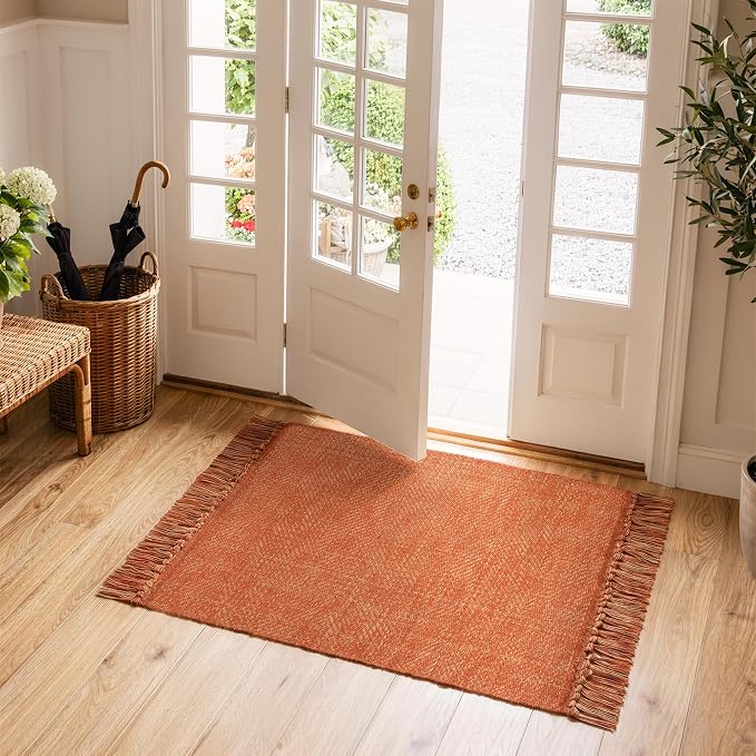Collive 2' x 4.3' Indoor Outdoor Rug, Modern Farmhouse Kitchen Runner Rugs Hand-Woven Bathroom Mat, Washable Entry Carpet Reversible Front Door Mats for Laundry Bedroom Porch Terracotta Fall Decor