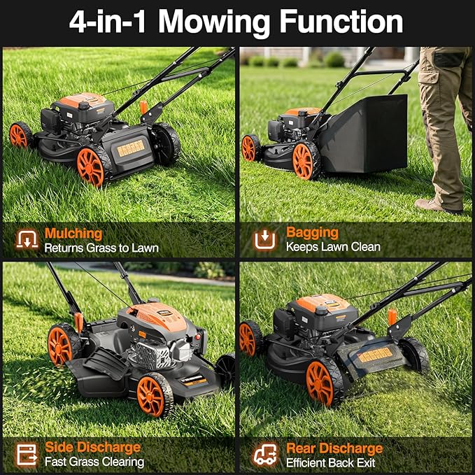 21" Lawn Mower Gas Self Propelled 170CC 4-in-1 Gas Lawnmower with Bag | Mulch/Rear Bag/Side Discharge/Rear Discharge, 7-Position Cutting Height, Foldable Handle for Garden Backyard