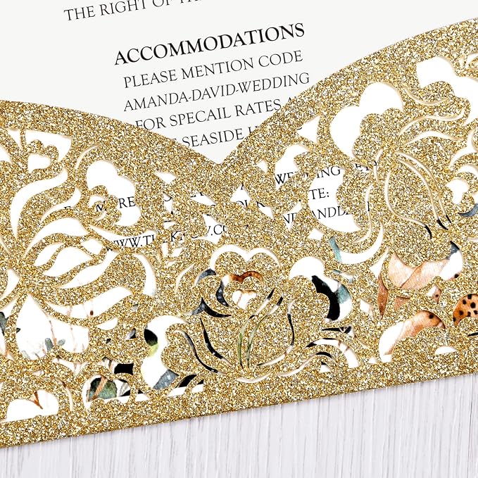 DORIS HOME 50Pcs Personalized Laser Cut Wedding Invitations, Gold Glitter | 4.7"x7.1", Customized Anniversary Invitations, With Envelopes