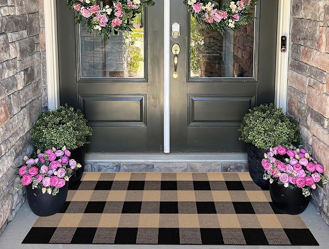 Front Porch Rug 24''x51'' Black and Tan Checkered Outdoor Rug Cotton Washable Front Door Mat Outdoor for Layered Doormat,Bedroom,Farmhouse,Entryway,Patio
