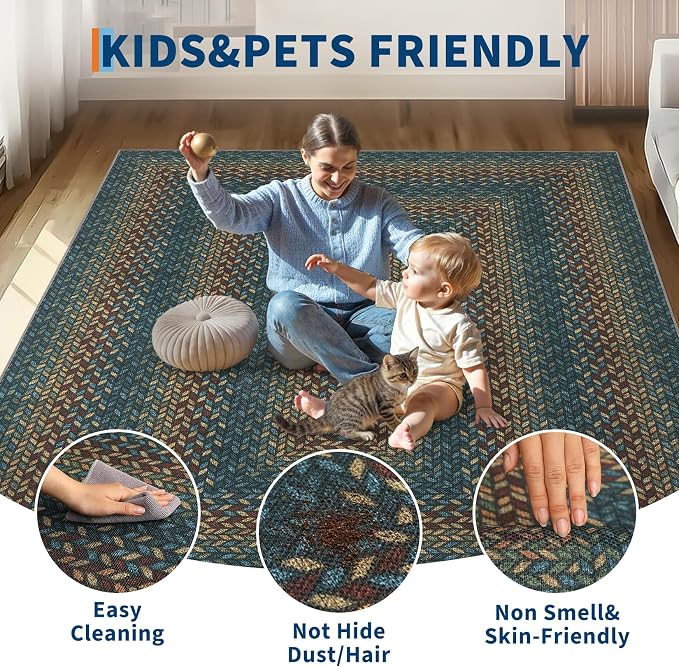 GarveeHome 8x10 Washable Living Room Area Rug Non Slip Braided Rugs | Low Pile Stain Resistant Dining Room Throw Carpet Indoor Outdoor Modern Bordered Area Rugs for Home Decor, Navy/Rust