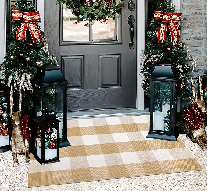 Front Door Mat Outdoor 24''x35''Khaki and White Washable Entryway Rugs Cotton Farmhouse Layered Doormat for Hello/Welcome Entryway,Porch,Bedroom,Bathroom
