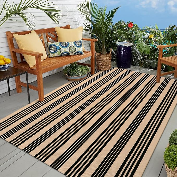 OJIA Outdoor Patio Rug 5'x7', Black and Tan Striped Outdoor Rugs Washable | Machine Washable Area Rugs Cotton Hand Woven Indoor Outdoor Rugs for Bedroom/Living Room/Front Porch/Deck/Backyard/Camping