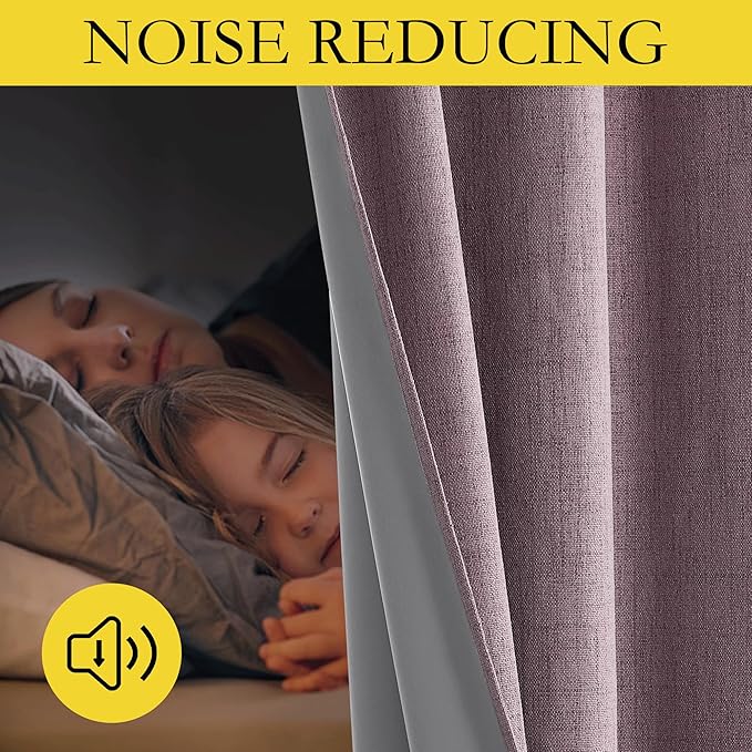 NICETOWN Chaise Mauve Vintage Linen 100% Blackout Curtains for Playroom, Thermal Insulated Curtains 72" Long, Noise Reducing Window Treatment Drapes for Laundry Room, 62" Wide Per Panel, Set of 2