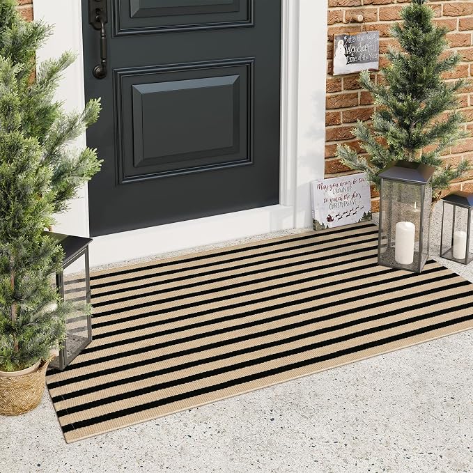 LEEVAN 2'X4.3' Black and Tan Striped Woven Cotton Reversible Outdoor Rug | Small Machine Washable Front Porch Rug, Entryway Door Mat, Indoor Layering Carpet for Farmhouse Bathroom Laundry