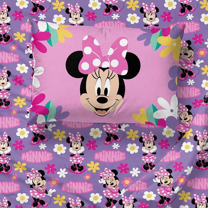 Jay Franco Kids Sheet Set with Fitted, Flat Sheets & Pillow Cover - Ultra-Soft Bedding with Pillowcase for Room Decor, Purple - Minnie Mouse, 3 Piece Twin
