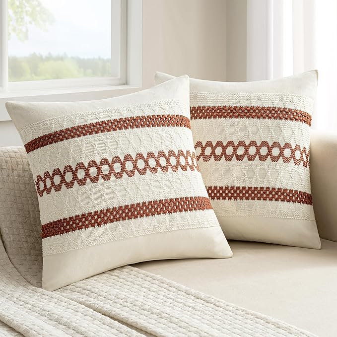 MIULEE Set of 2 Rust Decorative Pillow Covers 20x20 Inch Farmhouse Rustic Boho Couch Throw Pillows Modern Cotton Cushion Covers Retro Cute Macrame Woven Home Decor for Bed Sofa Chair