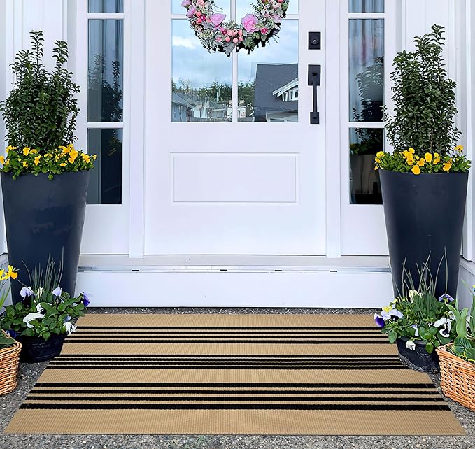 Tan and Black Outdoor Rug,2x3 ft Striped Small Area Rug Cotton Woven Washable Farmhouse Layered Door Mats for Entryway/Porch Decor/Kitchen/Home Entrance