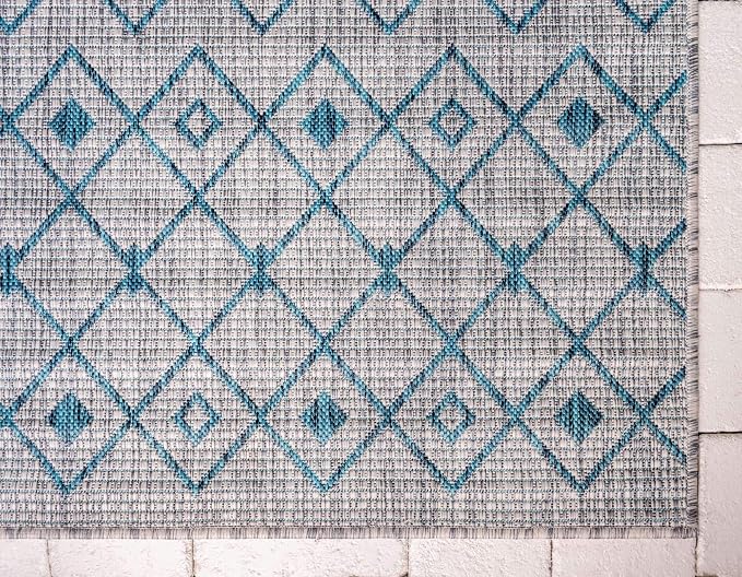 Unique Loom Outdoor Trellis Collection Area Rug - Tribal Trellis (2' x 6' 1" Runner, Light Blue/ Ivory)