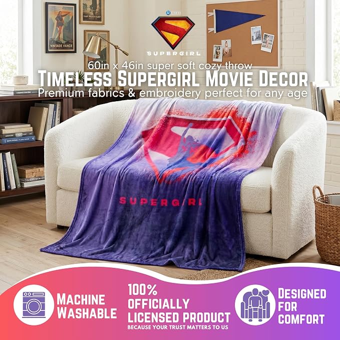Supergirl Movie Fluffy Throw 46 in x 60 in – Soft Plush Lightweight Blanket for Couch, Bed & Travel, (Officially Licensed Product) by Franco