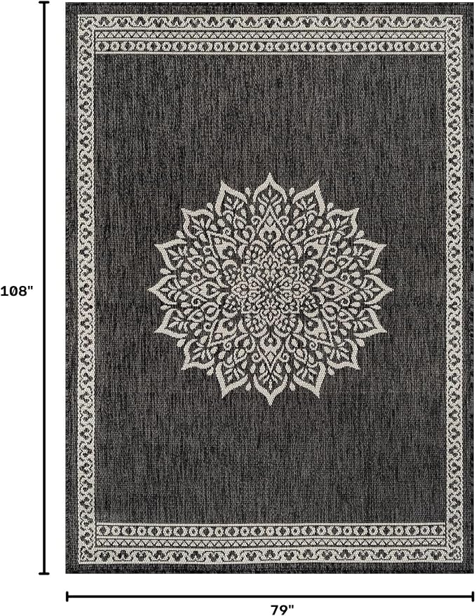 CAMILSON Outdoor Rug 6x9 Medallion Darkgray Modern Area Rugs for Indoor and Outdoor Patios Kitchen and Hallway Mats Washable Porch Deck Outside Carpet (Medallion Darkgray 6 x 9)