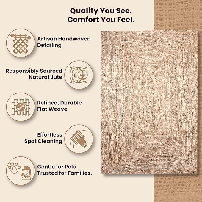 Craft Trade Hand Woven Large Jute Area Rug 6x9 ft – Reversible Braided Farmhouse Carpet for Living Room, Bedroom, Kitchen & Hallway, Rectangular Indoor Floor Rug