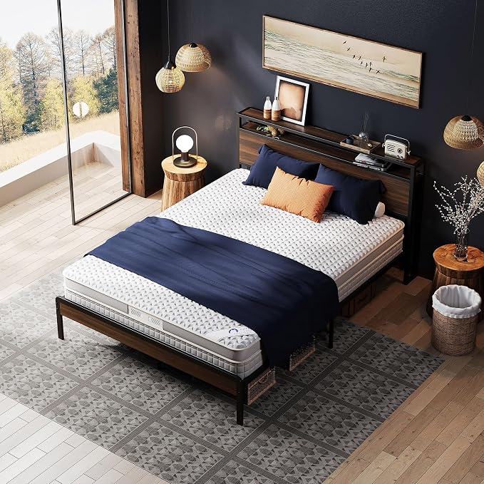 LIKIMIO Queen Bed Frame with 2-Tier Storage Shelf Headboard | Dark Wood Platform Bed, Camas Queen with Strong Metal Supports, Sturdy, Noise-Free, No Box Spring Needed, Dark Walnut