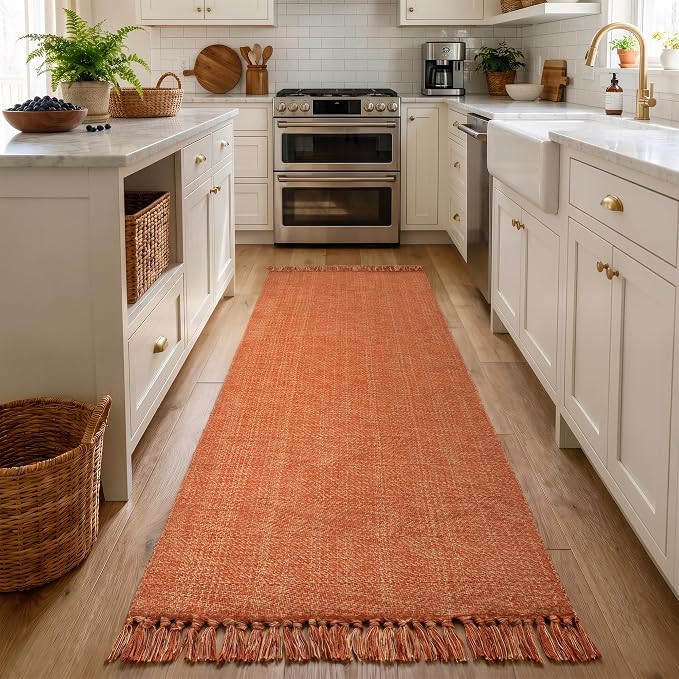 Collive Bathroom Runner Rug, 2.6' x 7' Washable Long Kitchen Mat Modern Farmhouse Entry Hall Carpet, Terracotta Hand Woven Hallway Runner Rug for Laundry Bedroom Fall Decor