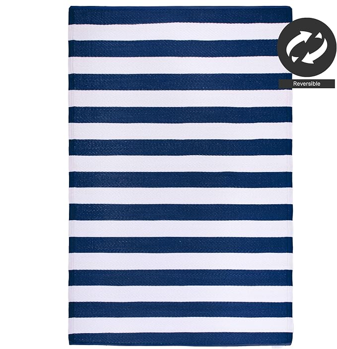 FH Home Outdoor Rug - Waterproof, Fade Resistant, Reversible - Premium Recycled Plastic - Striped - Porch, Deck, Balcony, Mudroom, Laundry Room, Patio - Brittany - Blue & White Crease Free - 3 x 5 ft