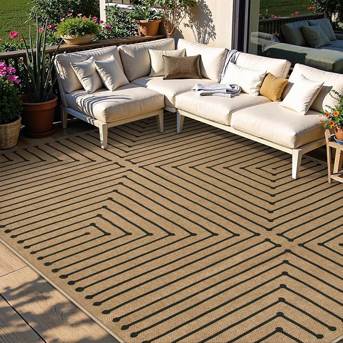Lahome Tan Rug for Living Room,Geometric 8x10 Washable Nature Easy Jute Rug | Farmhouse Rhombus Non Slip Non Shedding Indoor Outdoor Carpet for Backyard Deck Office Classroom Decor