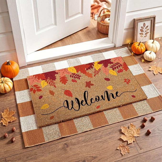 Moucuny 2 Pcs Fall Coir Doormat Outdoor, Maple Leaves Welcome Welcome Doormat 16 x 47, Layered Brown Plaid Rug 24 x 35, Non-Slip Backing, Fall Autumn Porch Entryway Patio Outdoor Decor
