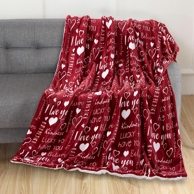 Elegant Comfort Luxury Valentine’s Day Sherpa Throw Blanket Ultra-Soft Cozy Velvet Pink Hearts Fleece Throw-Micromink Sherpa for Her, Wife, Girlfriend, Sherpa Reversible Blanket- LoveYouRed