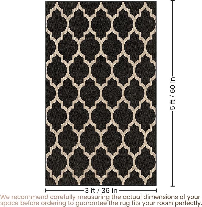 Washable 3x5 Moroccan Trellis Easy Jute Rug, Black Neutral Boho Outdoor Indoor Patio Small Area Rugs, Woven Ultra Thin Non Slip Carpet Door Mat for Entryway Front Door Porch Backyard Kids Playroom