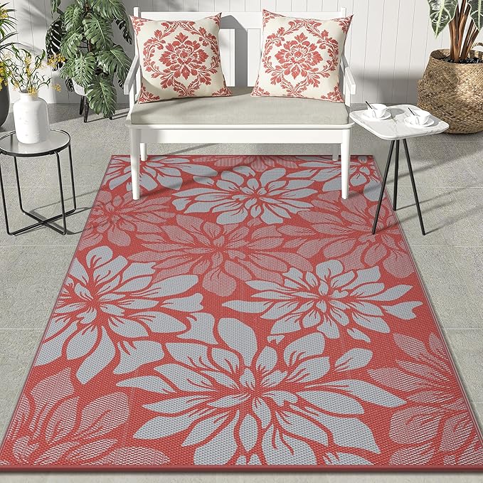 GENIMO Outdoor Rug, Waterproof Plastic Rugs for Patio, 9'x12' Red Grey | Outside Larger Leaf Carpet Mat for Porch Decor, Deck, Balcony, Camping, RV, Backyard, Picnic, Beach, Reversible, Foldable