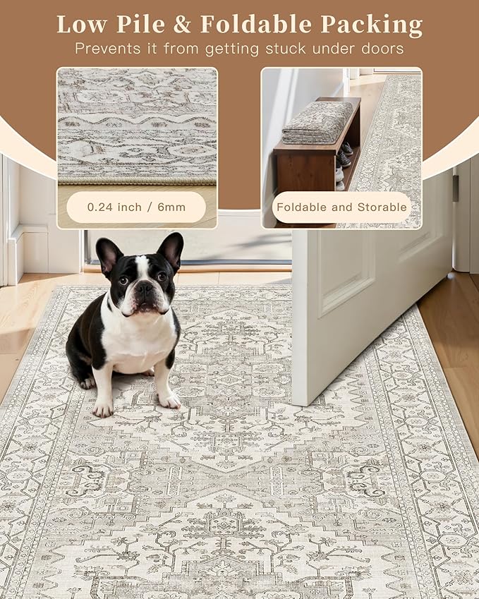 Madane Hallway Runner Rug 4x8 Wide: Washable Thin Runners for Hallways Entry, Non Slip Soft Vintage Kitchen Rugs Low Pile Carpet Runners for Living Room Bedroom Dining Room Foyer (Beige/Brown, 4x8)