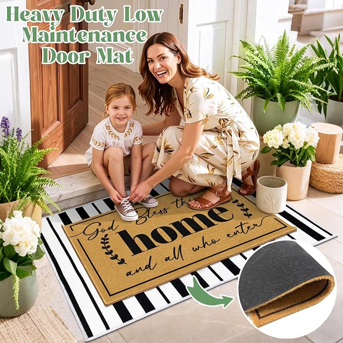 2 Pcs Coir Door Mat Welcome Mats for Front Door Black White Striped Layering Rug for Porch Outdoor Entrance Doormats Non Slip God Bless Matt for Religious Gifts Christian Rugs for Patio 23.6"x35.4"