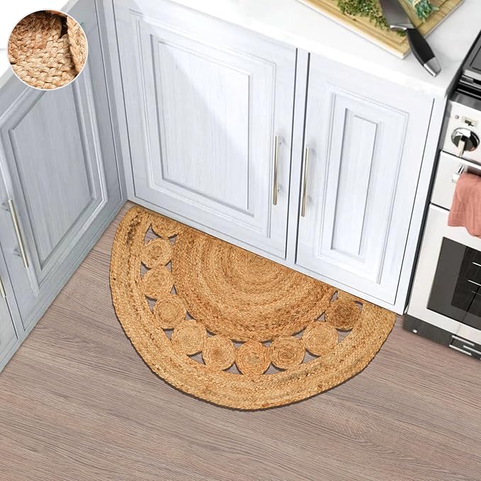 Boho Braided 1.5x3 Area Rug - Jute Natural Fiber Half Circle Rug for Living Room Entryway, Farmhouse, Home, Indoor Rugs Jute Door mat for Bathroom (Natural Dot, 1.5 X 3 ft)
