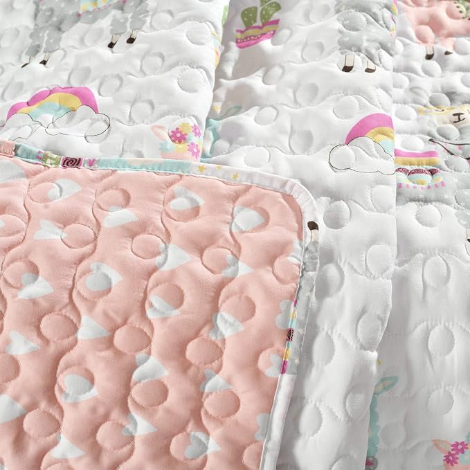 Lush Decor Southwest Llama Cactus Throw Blanket, 50" W x 60" L, White & Blush - Toddler Blanket - Cute Reversible Boho Quilted Throw for Kids Room