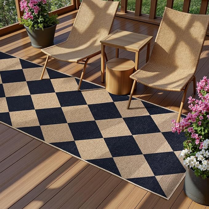 EDIMENS 2x6 Checkered Easy Jute Washable Kitchen Indoor Outdoor Runner Rug | Non Slip Front Door Runner Rug for Laundry Balcony Low Pile Rugs Black Checkerboard Carpet for Hallway 6ft Entry