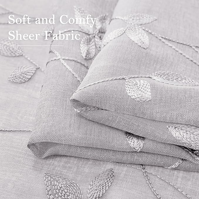 HOMEIDEAS Light Grey Sheer Curtains 52 X 96 Inches Length 2 Panels Embroidered - Image 5