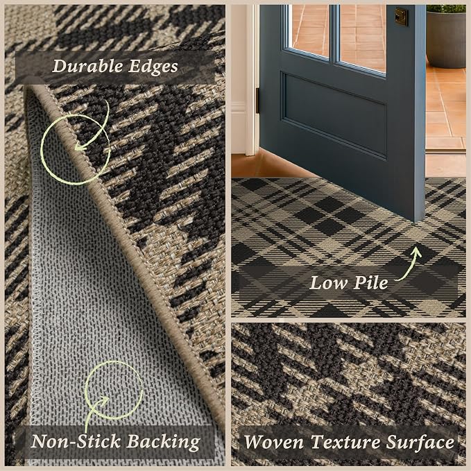 JTJ Easy Jute Outdoor Rug 6' x 9', Washable Non Slip Indoor Outdoor Low Pile Geometric Plaid Area Rug for Patio, Porch, Living Room & Dining Room