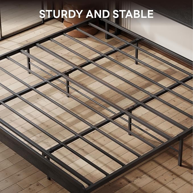 LIKIMIO California King Bed Frames with 2-Tier Storage Shelf Headboard | Dark Wood Platform Bed, Camas California King with Strong Metal Supports, Sturdy, Noise-Free, No Box Spring Needed, Grey