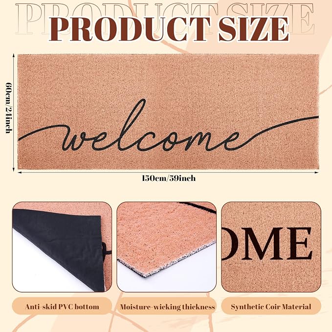 Welcome Extra Long Doormat for Double Door Entrance, 24x59 Inch | Oversized Modern Minimalist Welcome Mat, Large Heavy Duty Front Porch Rug, Non Slip PVC Backing, for Indoor Outdoor Entryway