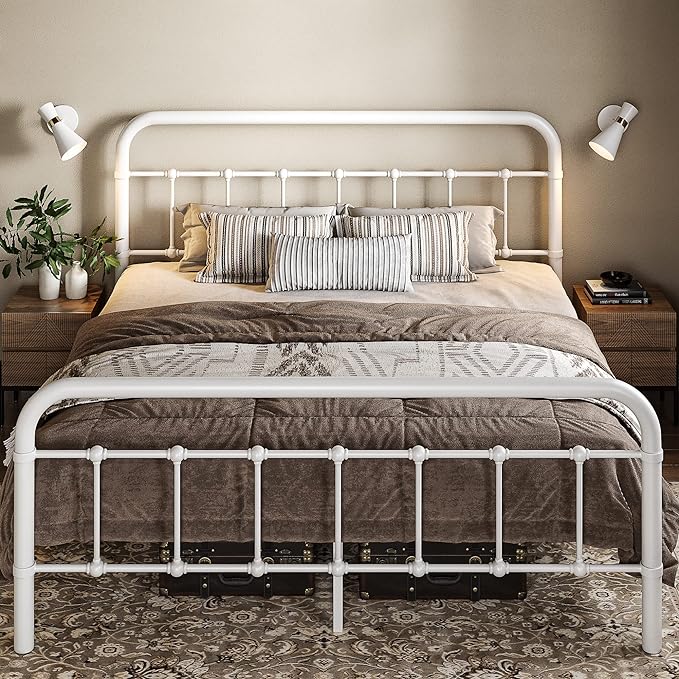 Allewie Full Metal Bed Frame with Victorian Iron-Art Headboard, White | Victorian Style Wrought Iron-Art Headboard/Footboard, Easy Assembly, Under Bed Storage, No Box Spring Required