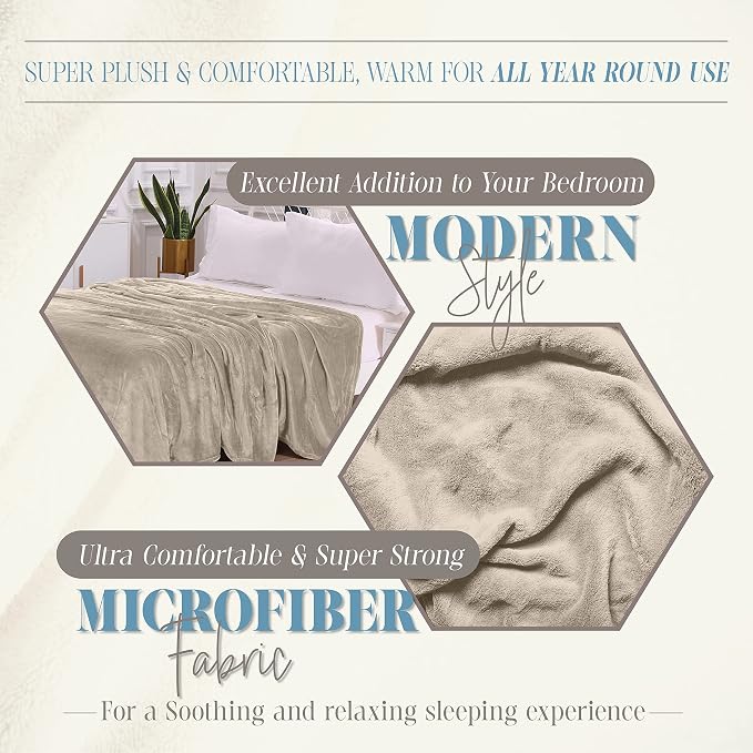 Elegant Comfort Luxury Velvety Feel Blanket, All-Season Lightweight Blanket, Ultra Plush, Soft, Cozy-Fuzzy Flannel Fleece for Couch, Sofa, Bed, Travel, Solid Design, Twin/Twin XL, Cream-Beige