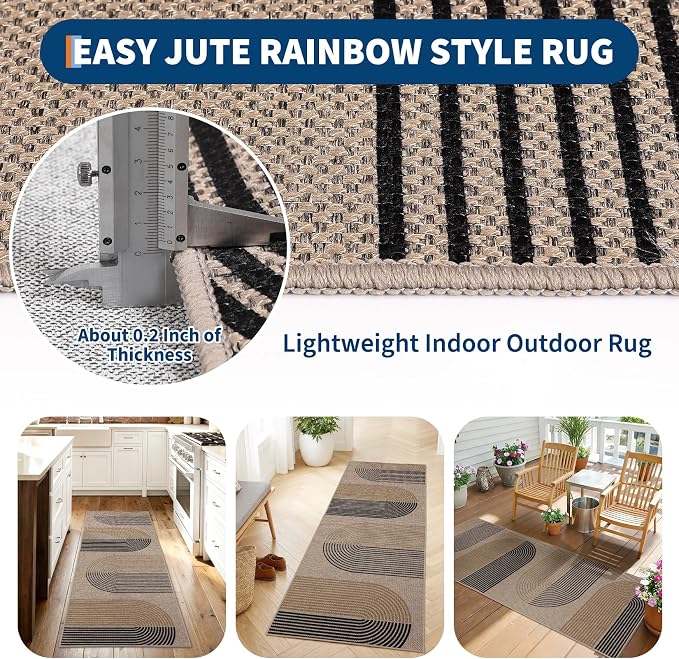 GarveeHome Modern Rainbow Easy Jute Runner Rug, 2x6 Rug for Hallways - Non-Slip Indoor Outdoor Carpet, Washable for High Traffic Laundry Room, Kitchen, Entryway