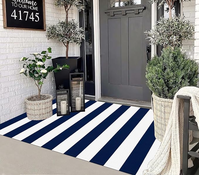 3'x5'Outdoor Rug,Striped Cotton Woven Washable Front Porch Rug Blue and White Farmhouse Entry Rug Indoor Outdoor Area Rug for Porch/Home Entrace Decor/Bedroom/Layered Door Mats