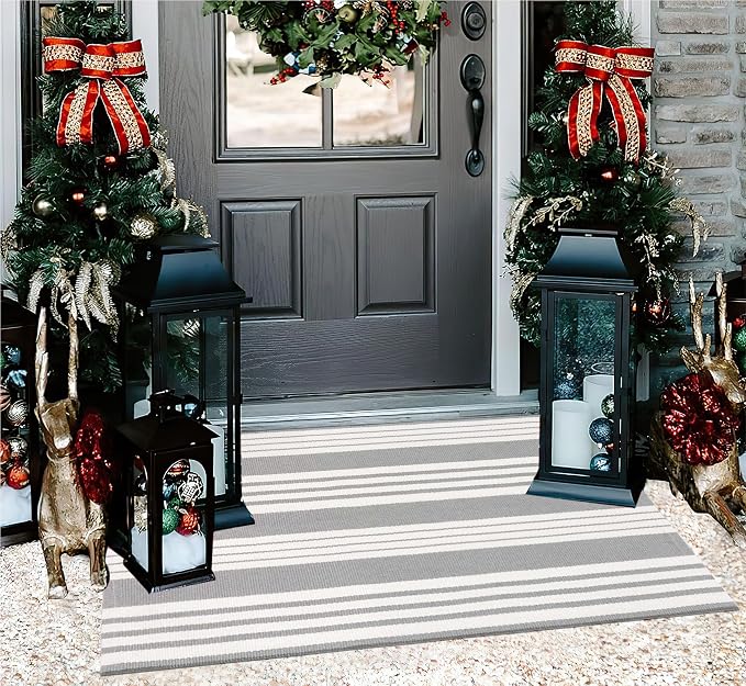 Grey and White Striped Doormat 24'' x 35'' Front Porch Rug Machine Washable Indoor Outdoor Doormat for Front Porch Hand-Woven Entryway Rug for Laundry/Bathroom/Bedroom