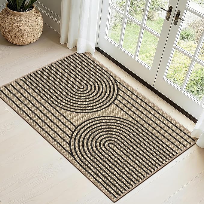 Faux Jute Front Door Mat, 2' x 3' Entryway Porch Rug, Black Farmhouse Ultra-Thin Washable Non-Slip Mat for Indoor Foyer & Outdoor Patio Decor