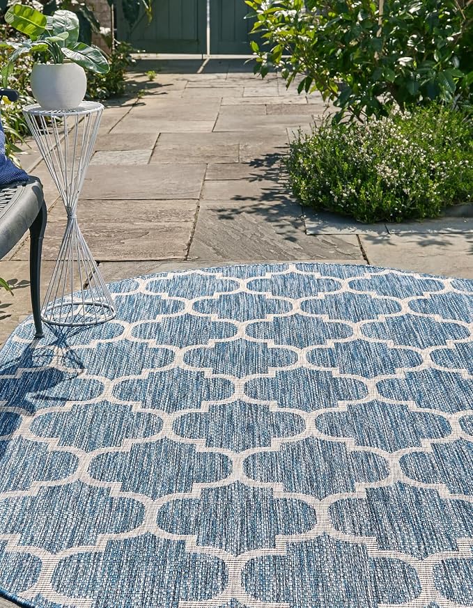 Unique Loom Trellis Collection Area Rug-Lattice Design, Moroccan Inspired for Indoor/Outdoor Décor, 5' 0" x 8' 0" Oval, Navy Blue/Gray