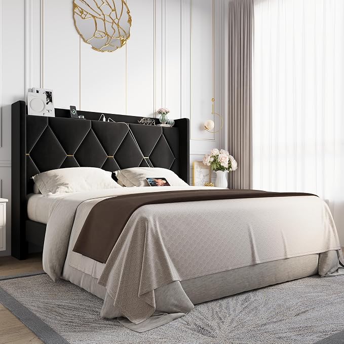 Allewie Full Size Bed Frame with Storage Headboard & Charging Station | Diamond Tufted Design & Gold Trim, Velvet Upholstered Platform Bed, No Box Spring Needed, Easy Assembly, Noise-Free, Black