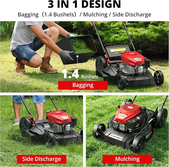 AMERISUN Gas Lawn Mower, 21" Self-propelled Lawn Mower, 170cc OHV Engine with Forced Air Cooling, 3-in-1 Mulching/Bagging/Side Discharge, 6 Cutting Heights, 1.4-Bushel Grass Catcher