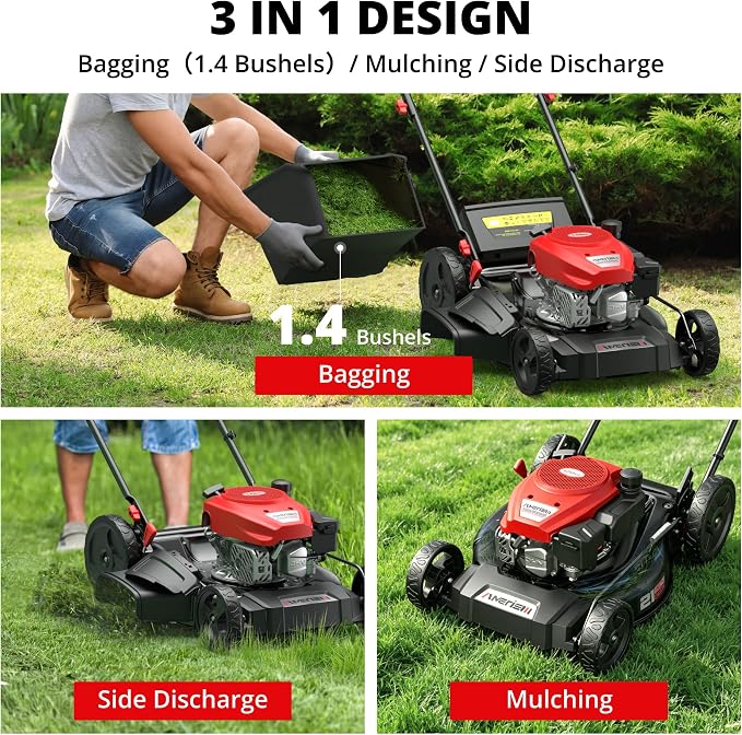 21" Steel Deck Self-Propelled Lawn Mower, 170cc OHV Engine with Forced Air-Cooling System, 3-in-1 Mulching, Rear Bag & Discharge, 6 Adjustable Cutting Height(1.5" to 3.9"), Easy Assembly & Maintenance