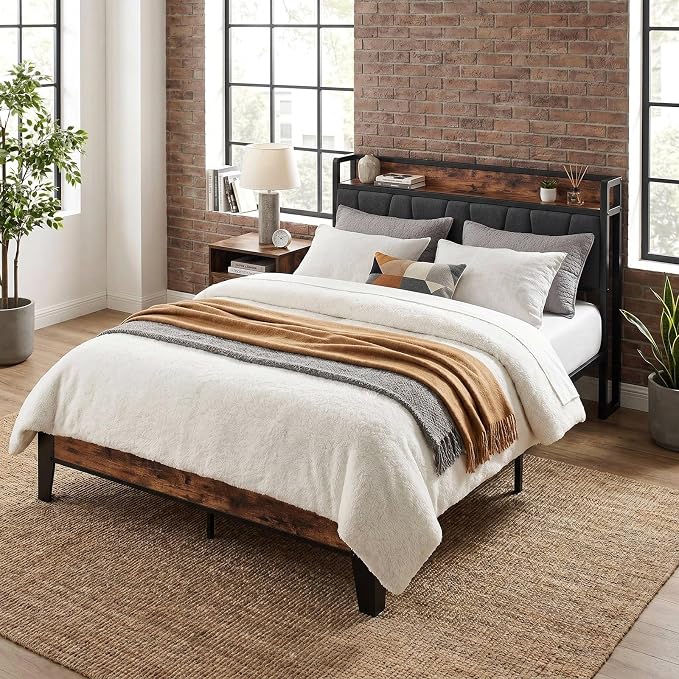 LIKIMIO Full Bed Frame, Storage Headboard with Charging Station, Solid and Stable, Noise Free, No Box Spring Needed, Easy Assembly