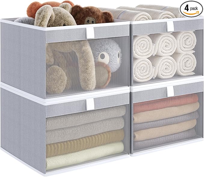 Linen Closet Organizers and Storage, Closet Storage Bins Basket Organizer, Foldable Organization Baskets with Mesh Window for Clothes Towels and Toys, 10.75" x 10.75" x 7.5", Gray, 4 pack