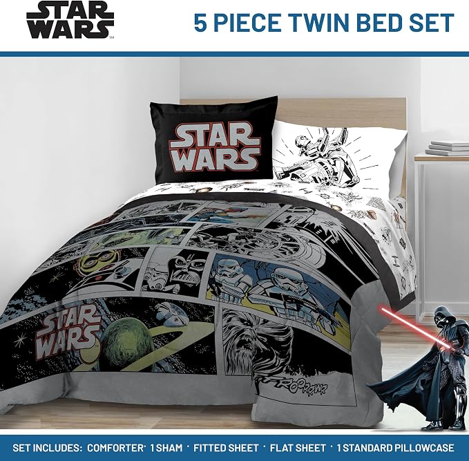 Star Wars Twin Comforter Set 5 Piece Soft Bedding for Boys, Multi | Darth Vader Yoda, Bed in a Bag, Comforter Sheets Sham Pillowcase, Soft Microfiber, Machine Washable, Boys Gift