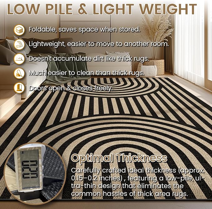 Washable Rainbow Easy Jute Rug 3x5, Black Outdoor Indoor Patio Modern Geometric Neutral Small Rugs, Woven Non Slip Thin Carpet Mat for Living Bedroom Entryway Front Door Farmhouse Doorway Kids